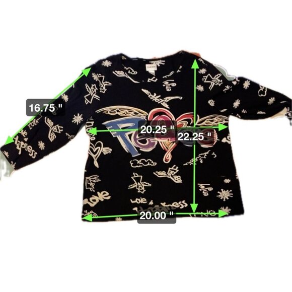 Chico's Grafitti Peace Black White 3/4 Sleeve Round Neck T Shirt Sz L - Picture 5 of 6